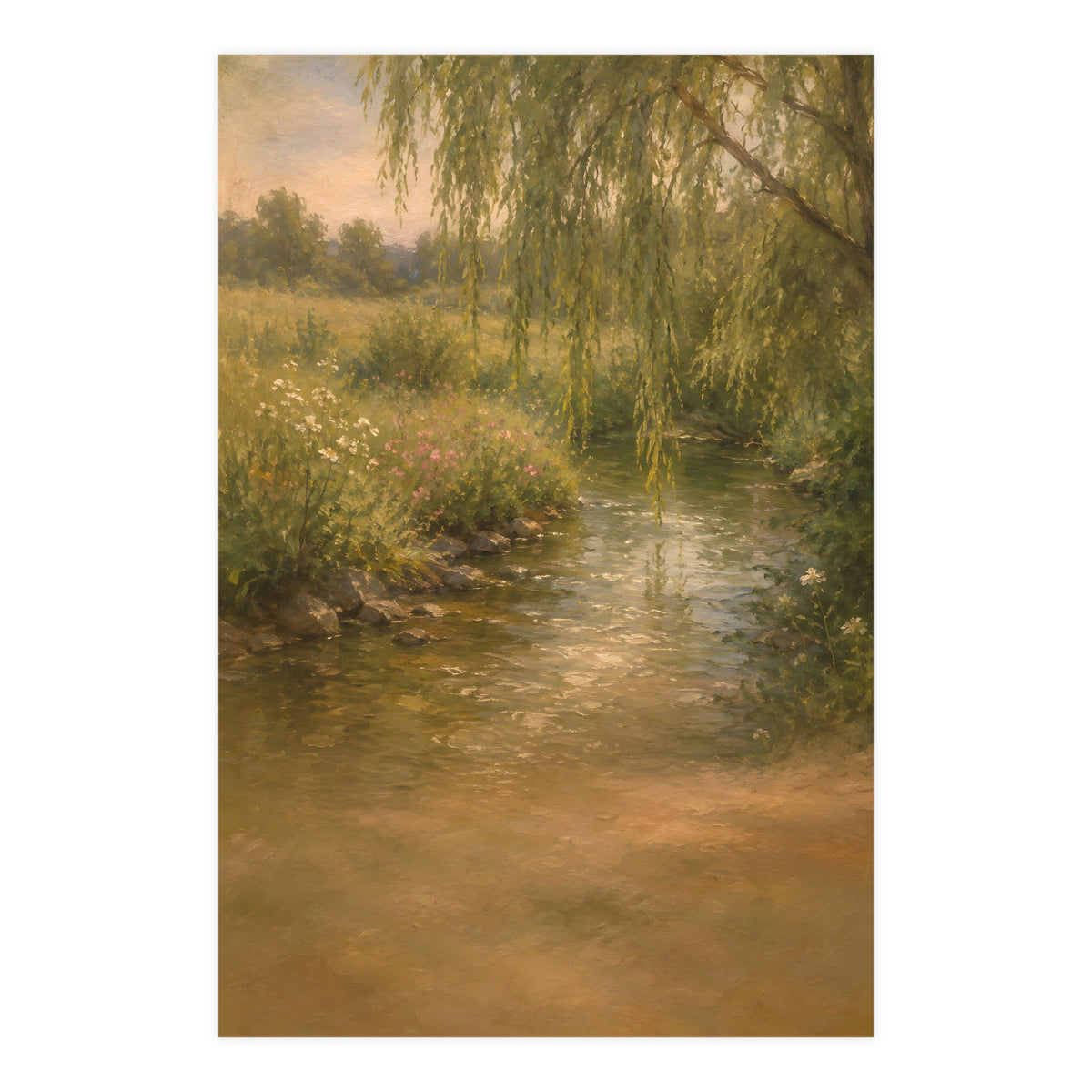 Willow Stream — a shallow stream winding through a meadow with willow branches trailing over the water, 24x36 in print