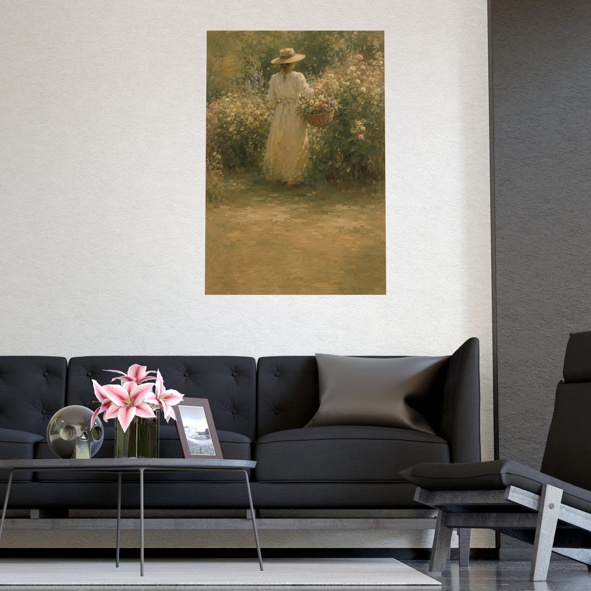 Gathering Flowers — a woman in a straw hat gathering flowers into a wicker basket, shown framed on a wall