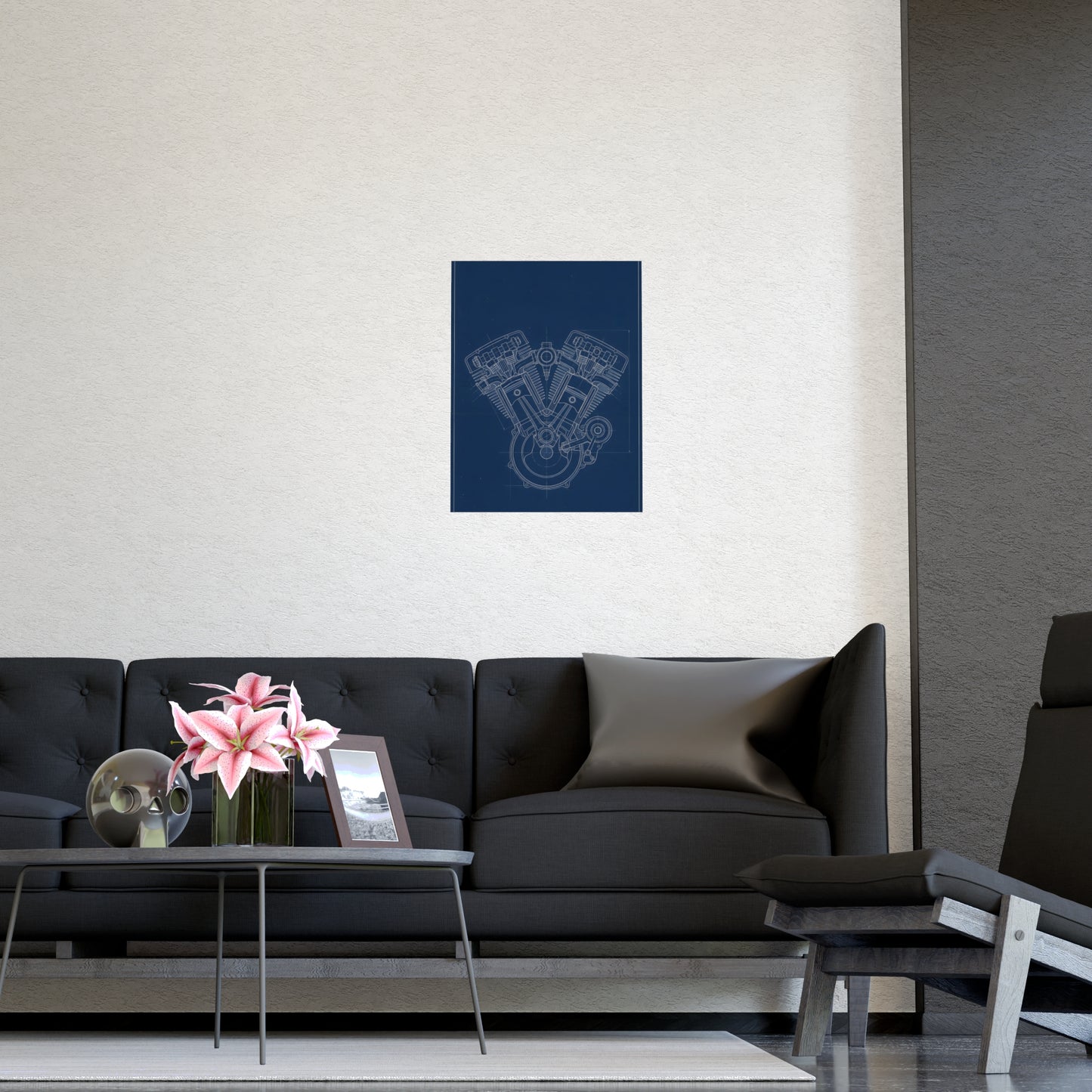 V-Twin Engine on a living room wall beside a tall vase, 12x16 in print