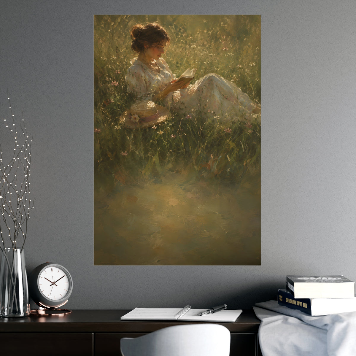 Reading in Tall Grass — a woman reading in tall summer grass, straw hat beside her, shown framed on a wall