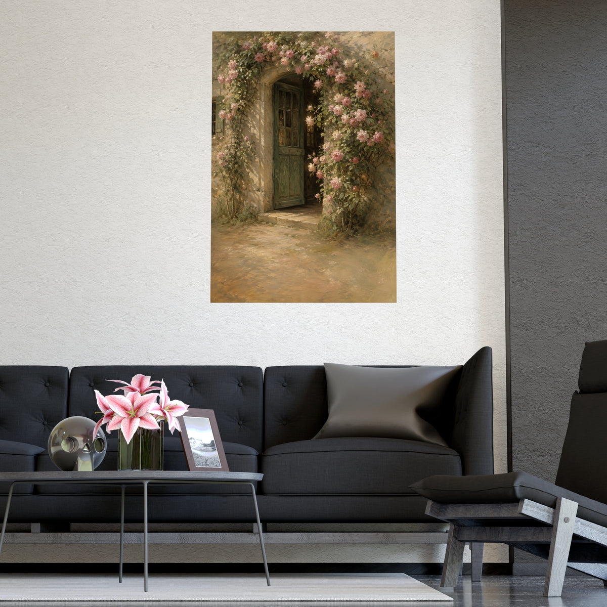 Rose Cottage Door — a stone cottage doorway framed by climbing roses in full bloom, shown framed on a wall