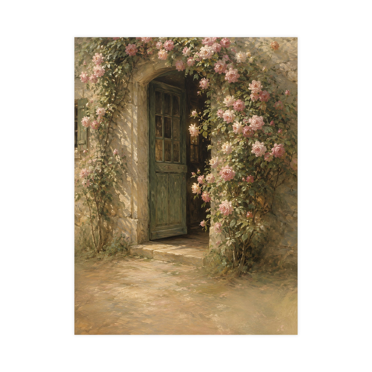 Rose Cottage Door — a stone cottage doorway framed by climbing roses in full bloom, 18x24 in print