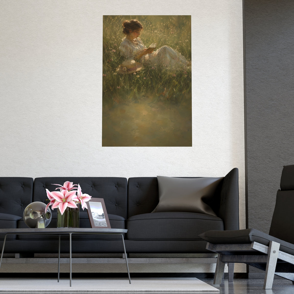 Reading in Tall Grass — a woman reading in tall summer grass, straw hat beside her, shown framed on a wall