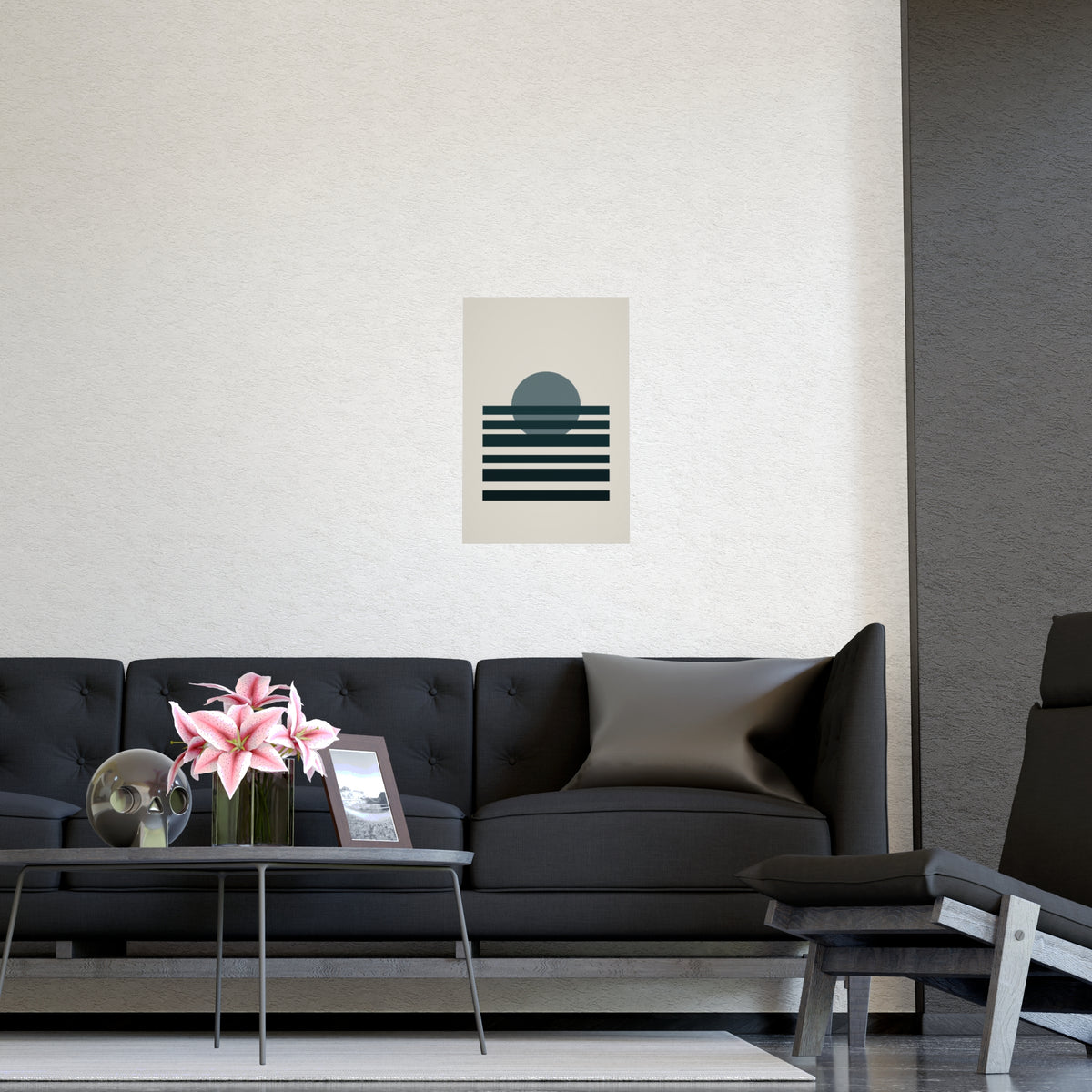 Deep Teal Sunset Landscape Wall Art — sunset landscape in a deep teal palette, shown framed on a wall