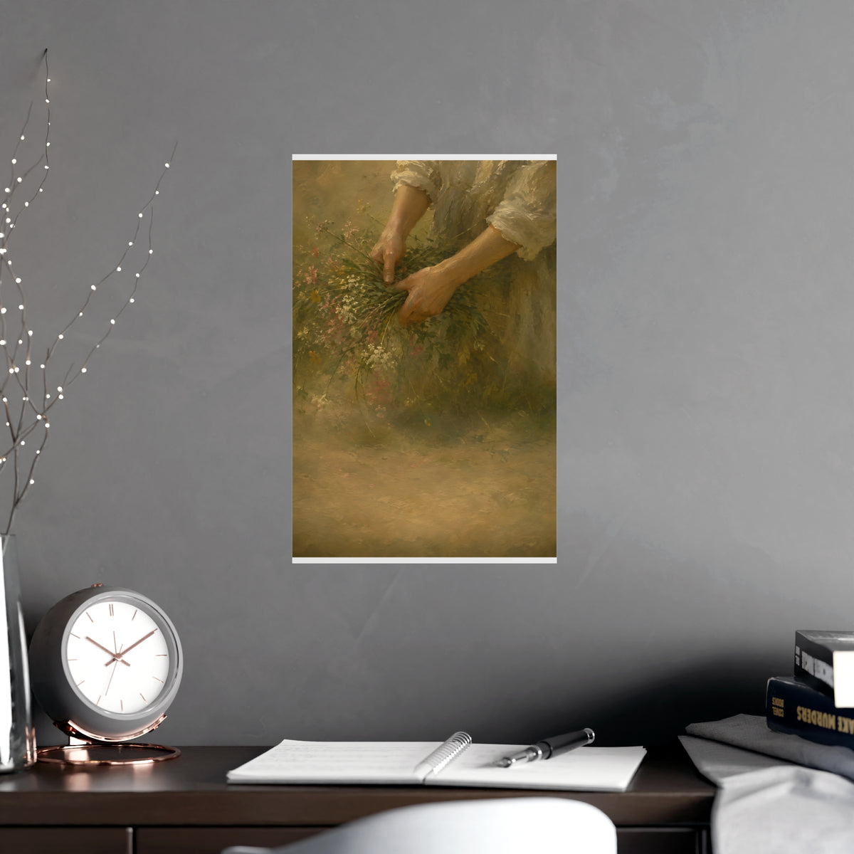 Hands and Wildflowers — a woman's hands gathering wildflower stems into a bundle, cropped at the forearms so no face is in fr
