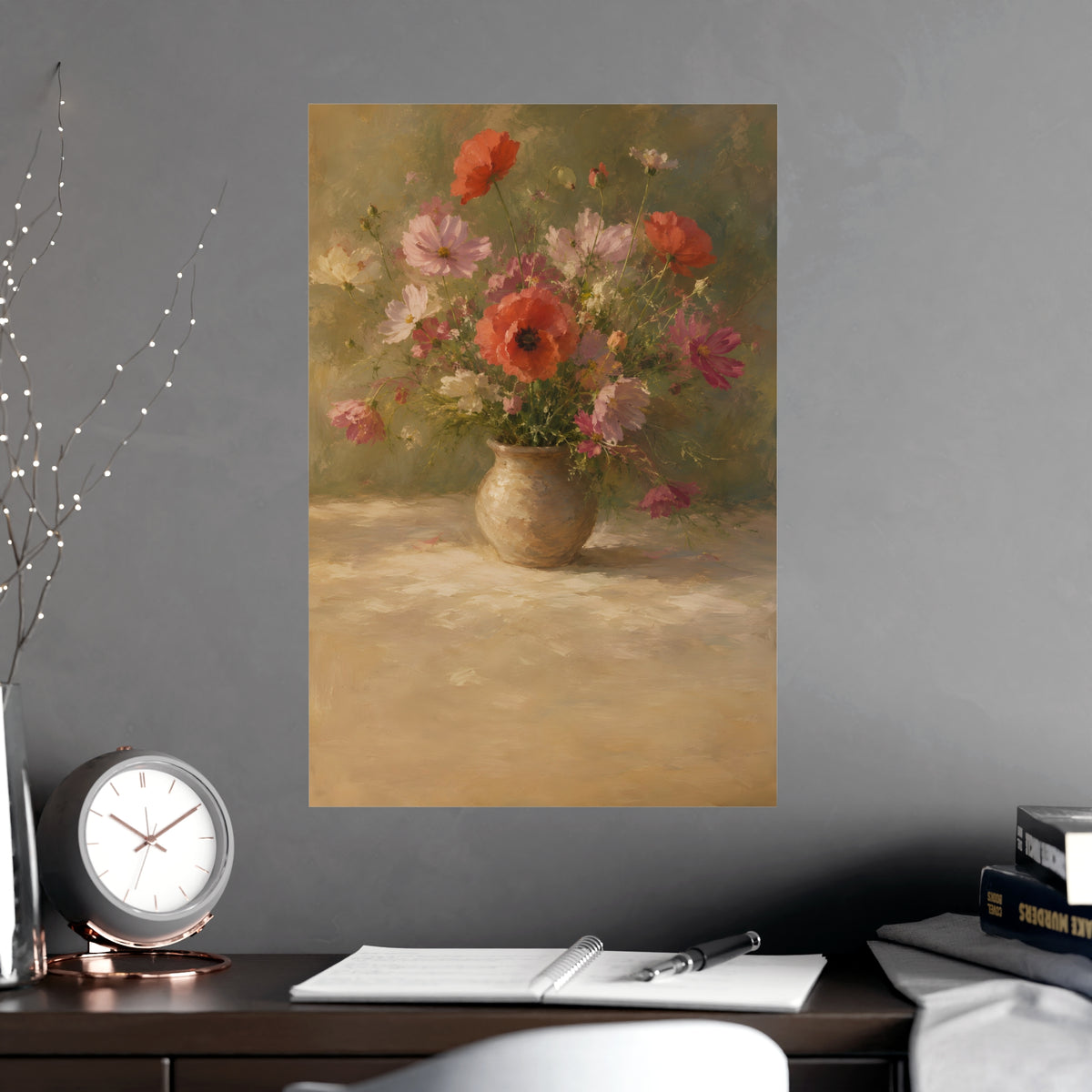 Poppy and Cosmos Bouquet — a loose bouquet of poppies and cosmos in an earthenware vase, shown framed on a wall