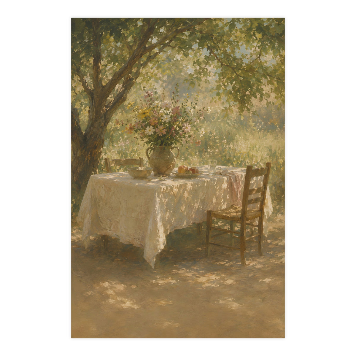 Table Under the Tree — a table under a tree with a linen cloth and a jug of wildflowers, 24x36 in print