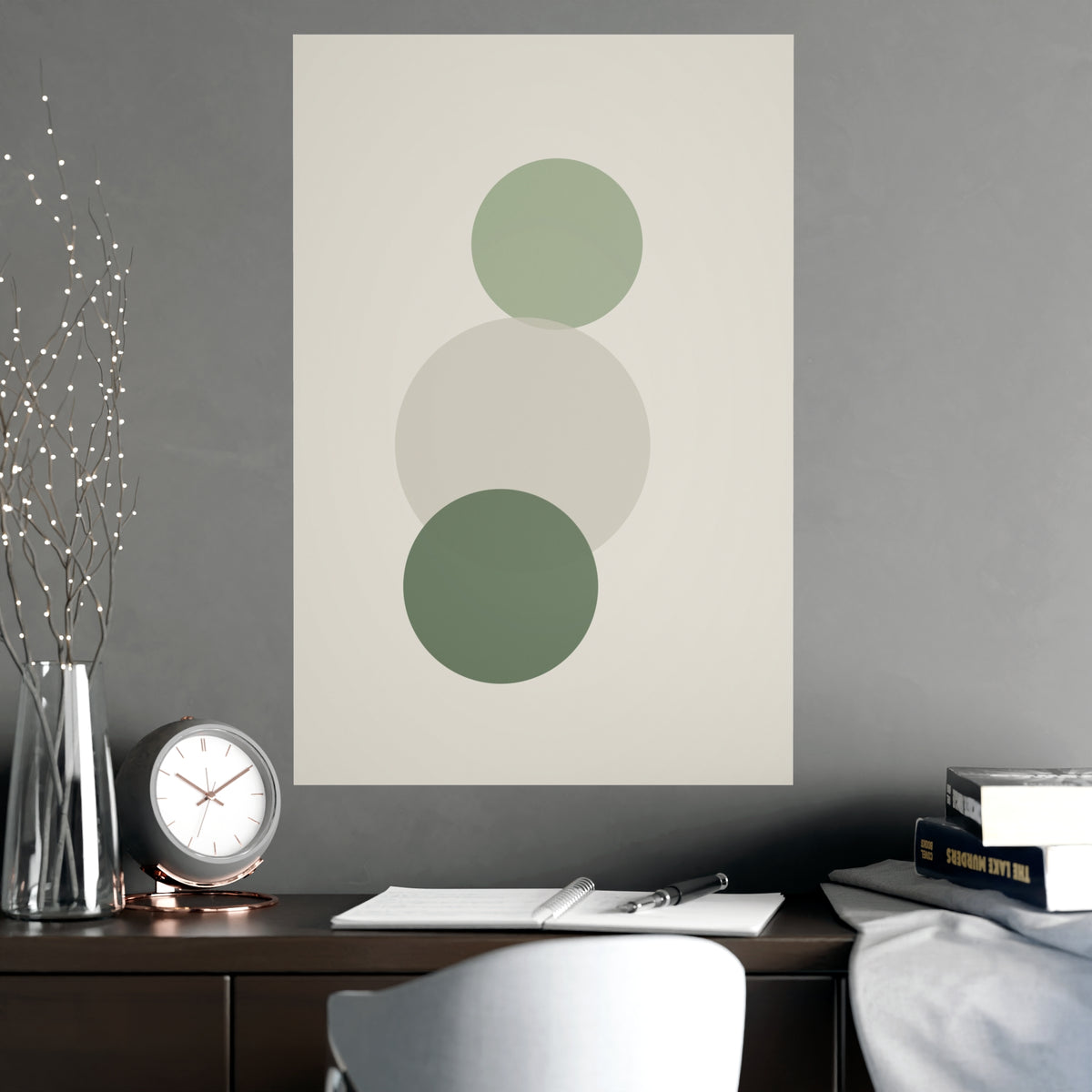 Sage Neutral Circles Boho Wall Art — circles in a sage neutral palette, shown framed on a wall