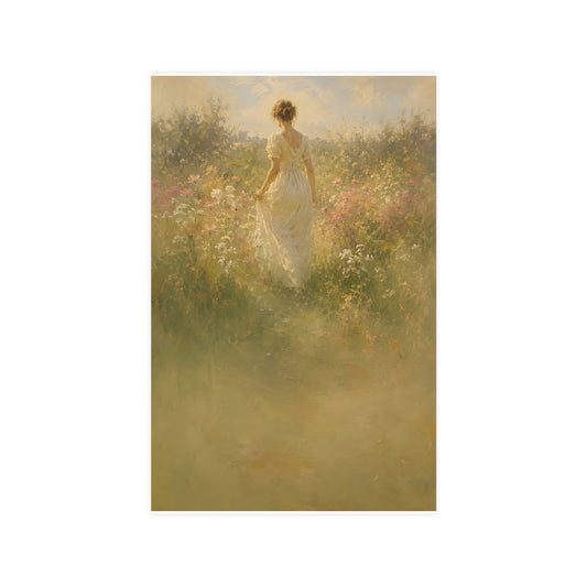 Meadow Walk — a woman walking through a summer meadow of wildflowers, 11x17 in print