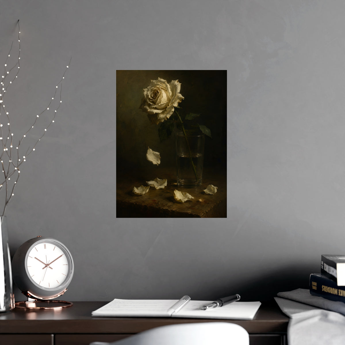 White Rose, Falling — white rose, falling, shown framed on a wall