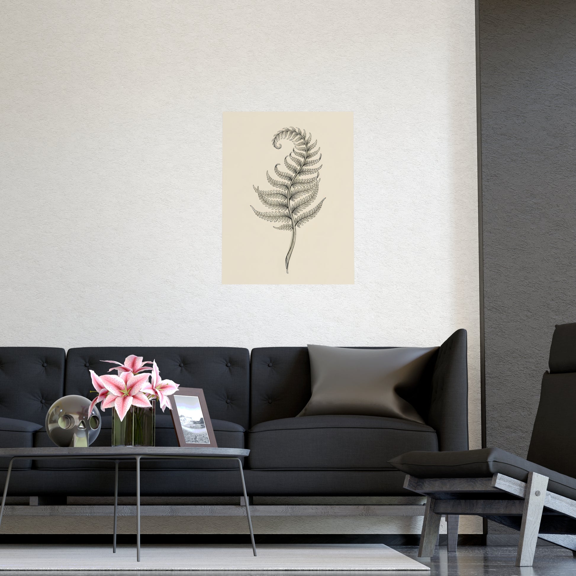 Fern Frond hung on a grey wall above a dark sofa, 20x30 in print