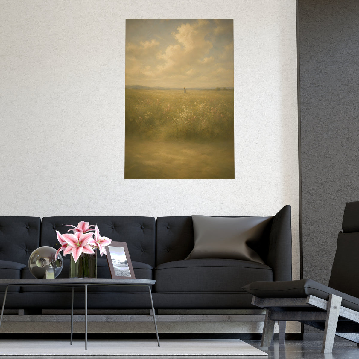 Small in the Field — a single figure very small and far off in a wide wildflower field under a wide summer sky, shown framed