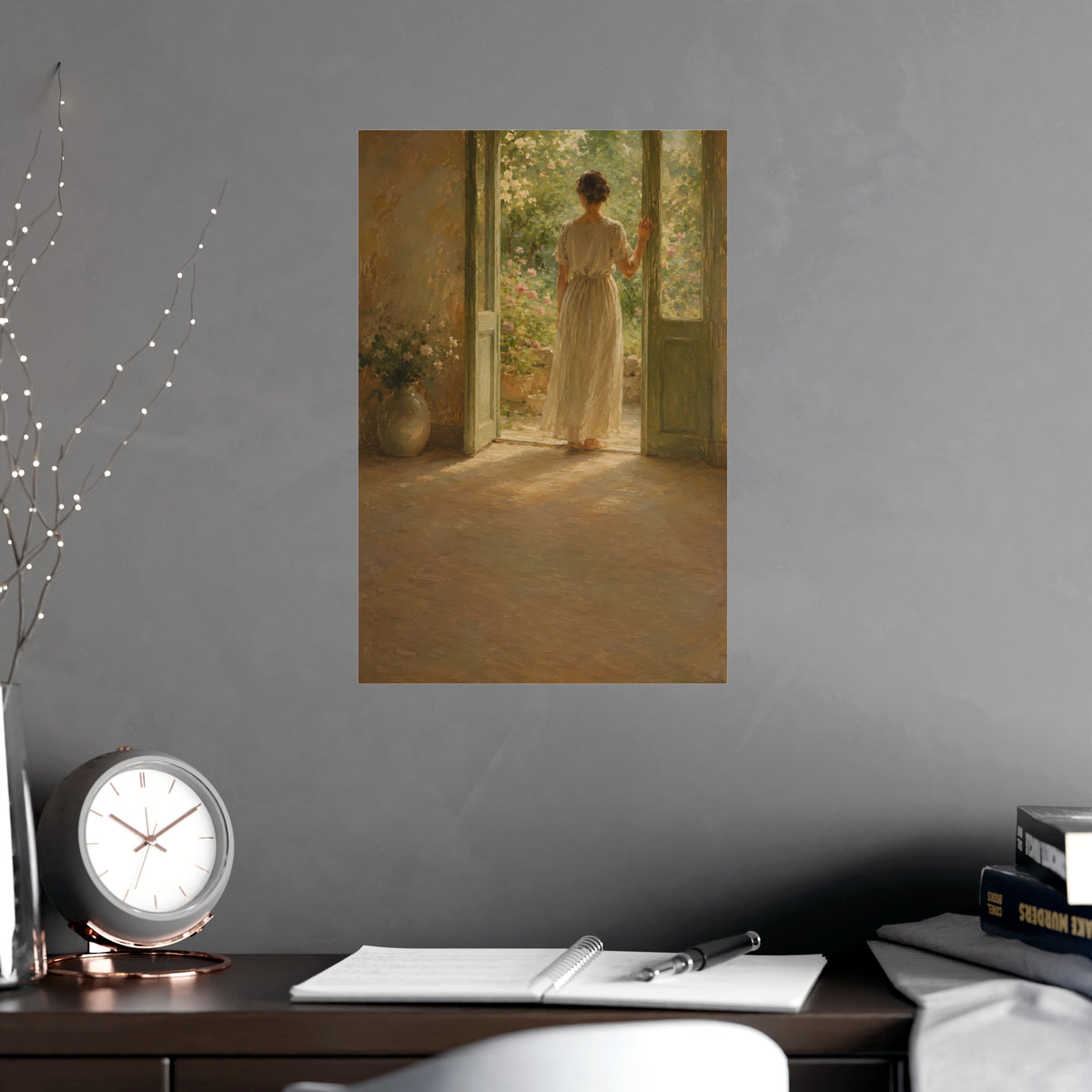 Doorway to the Garden — a woman in a linen dress standing in an open doorway looking out to a summer garden, shown framed on