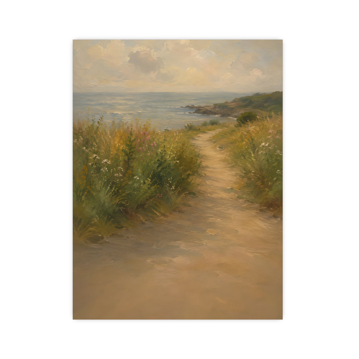 Coast Path — a sandy path through wild grasses and sea pinks with a calm sea beyond, 12x16 in print