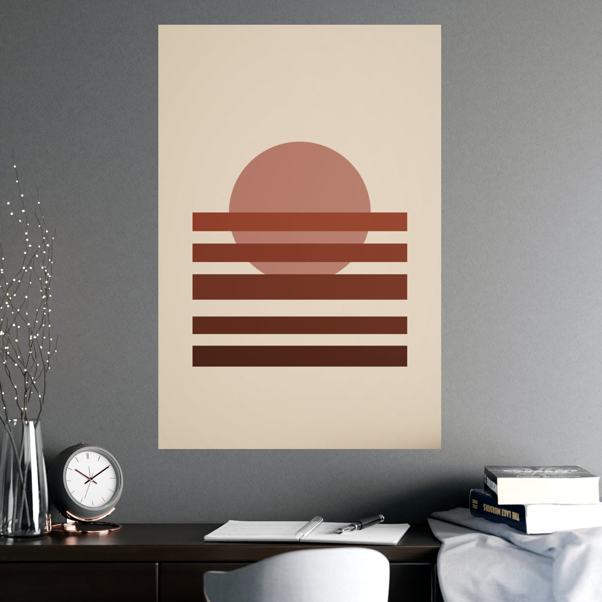 Muted 70s Sunset Landscape Wall Art — sunset landscape in a muted 70s palette, shown framed on a wall