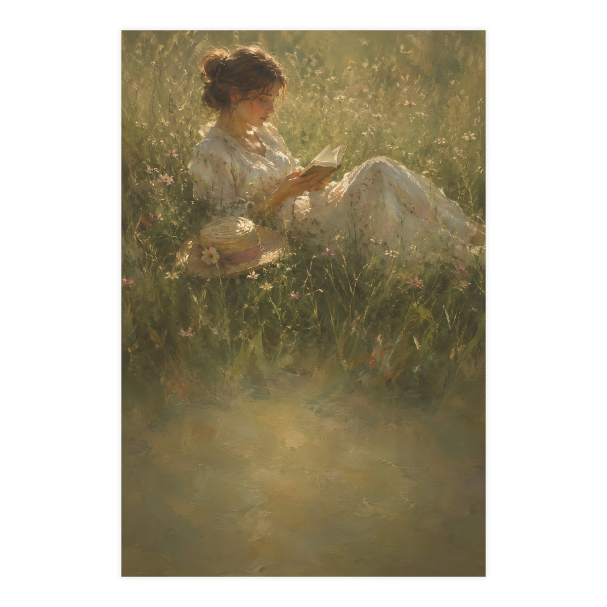 Reading in Tall Grass — a woman reading in tall summer grass, straw hat beside her, 24x36 in print