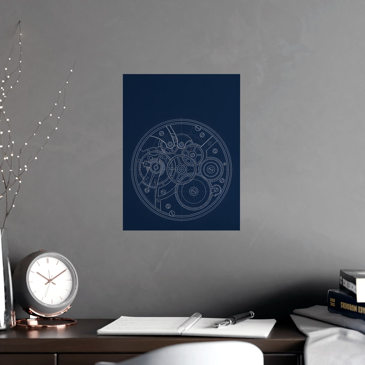 Watch Movement hung above a desk with a clock and notebook, 12x18 in print