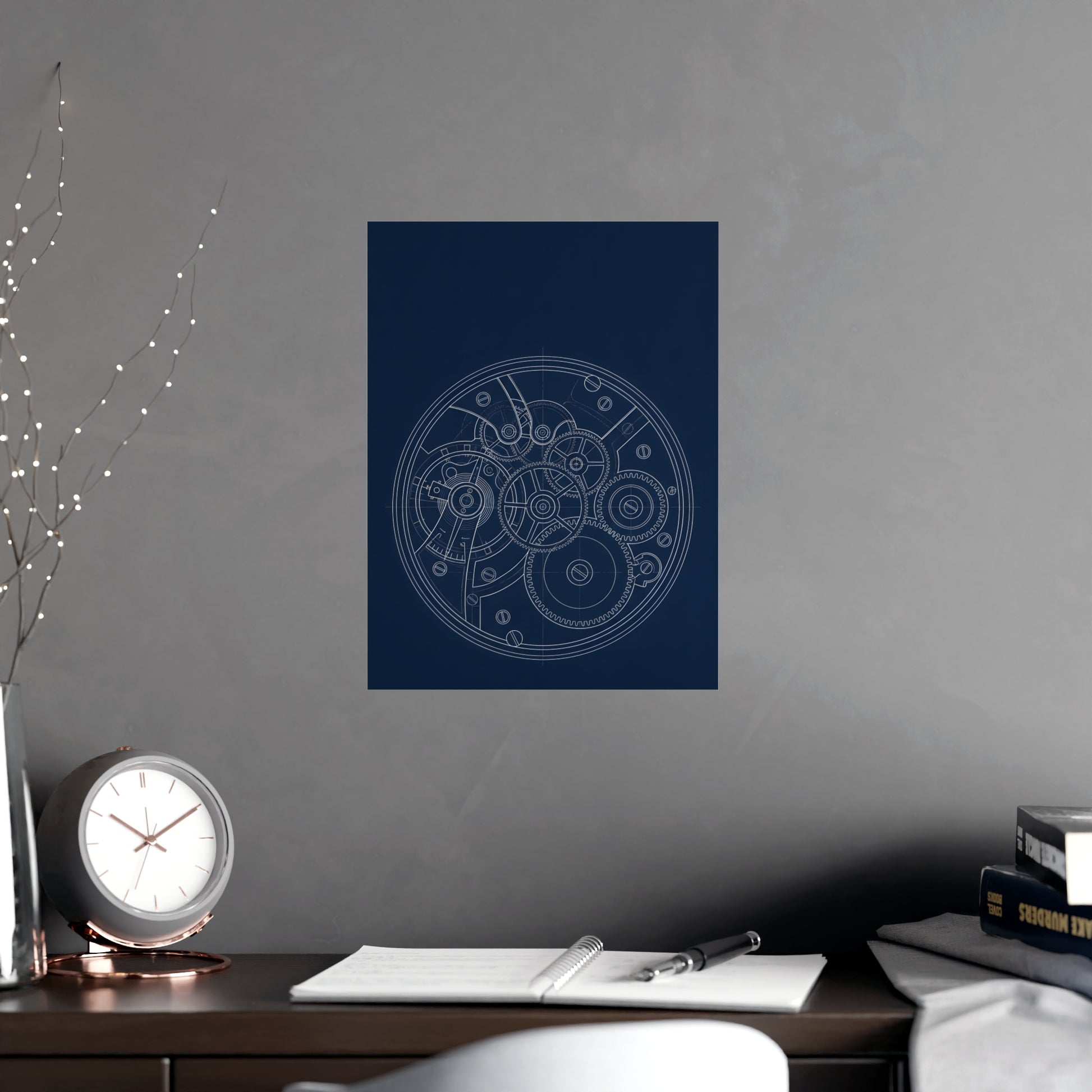 Watch Movement hung above a desk with a clock and notebook, 12x18 in print