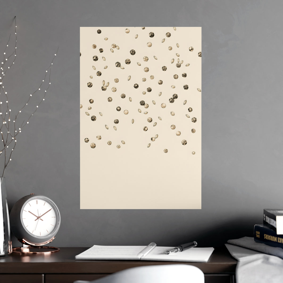 Scattered Seeds — scattered seeds, shown framed on a wall