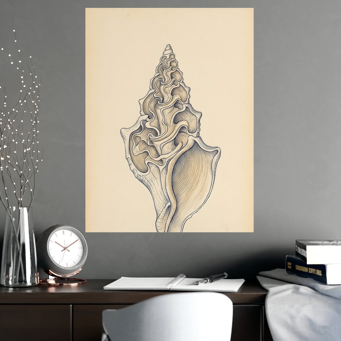 Conch Shell hung on a grey wall above a dark sofa, 18x24 in print
