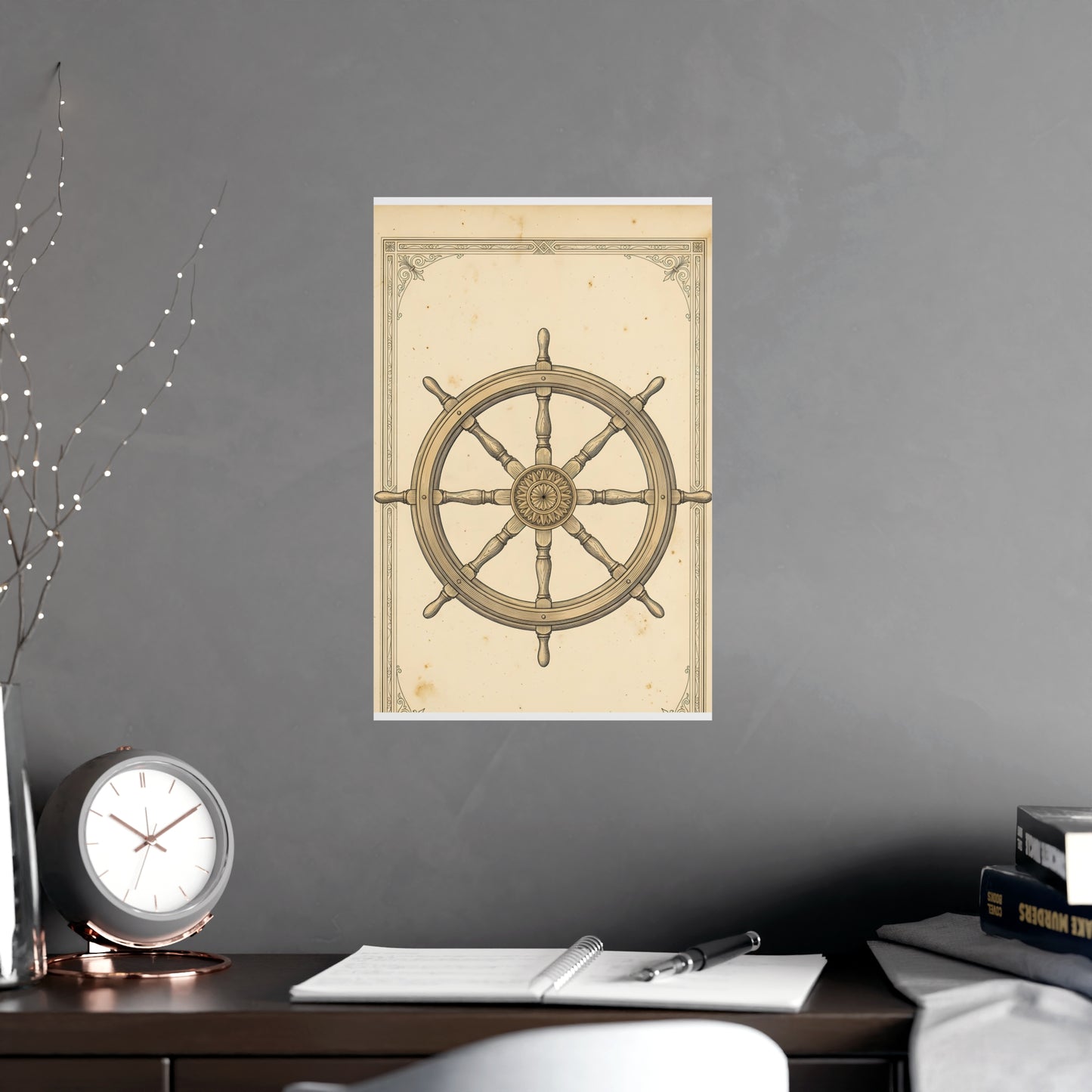 Ship's Wheel hung above a sofa with a side table and lilies, 11x17 in print