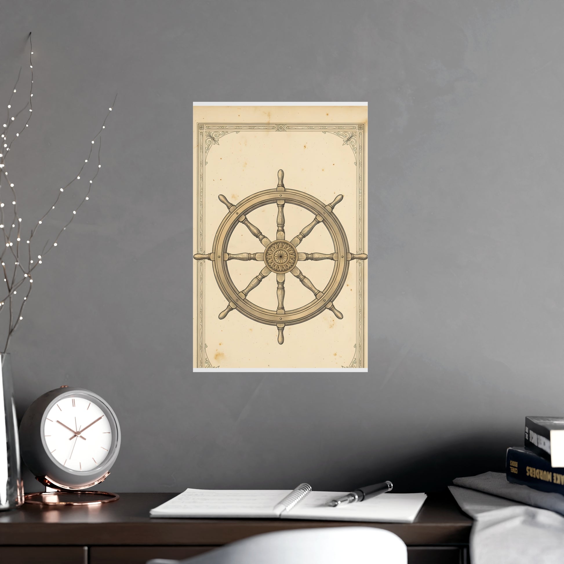 Ship's Wheel hung above a sofa with a side table and lilies, 11x17 in print