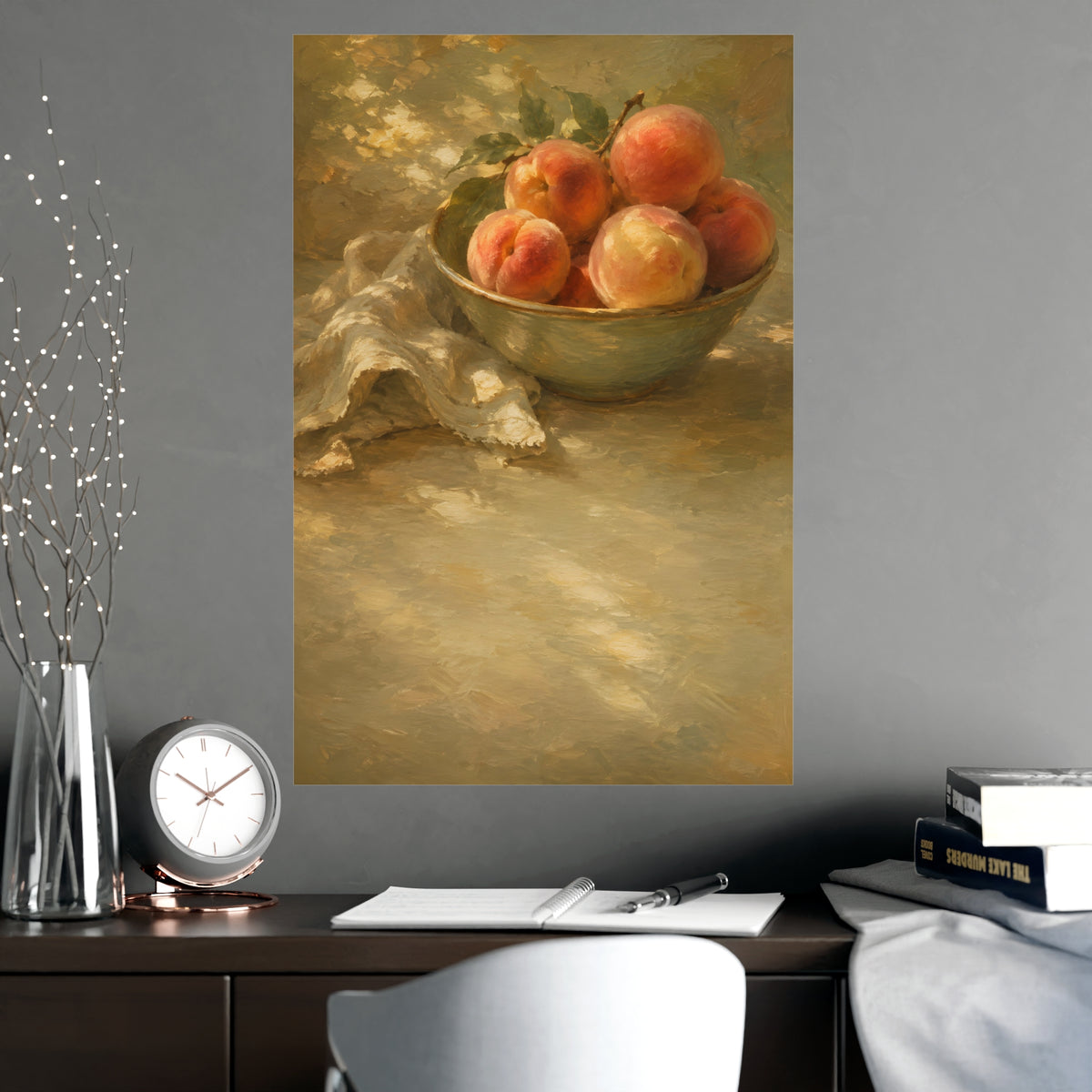 Bowl of Peaches — a bowl of ripe peaches and a folded linen napkin on a sunlit table, shown framed on a wall
