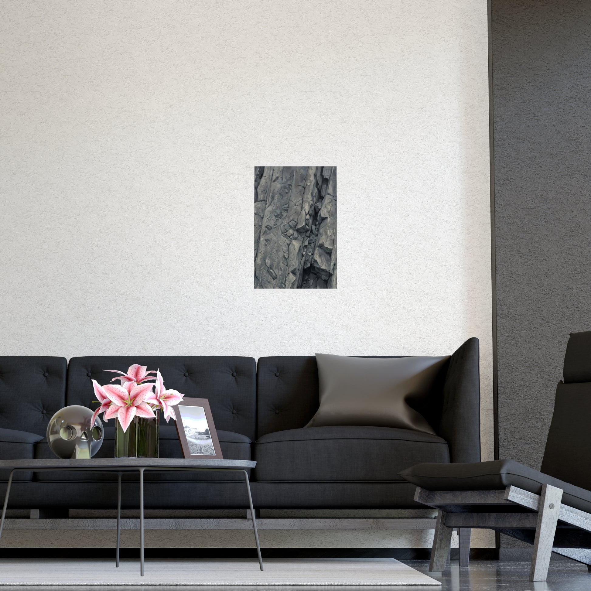 Rock Face hung on a grey wall above a dark sofa, 12x16 in print