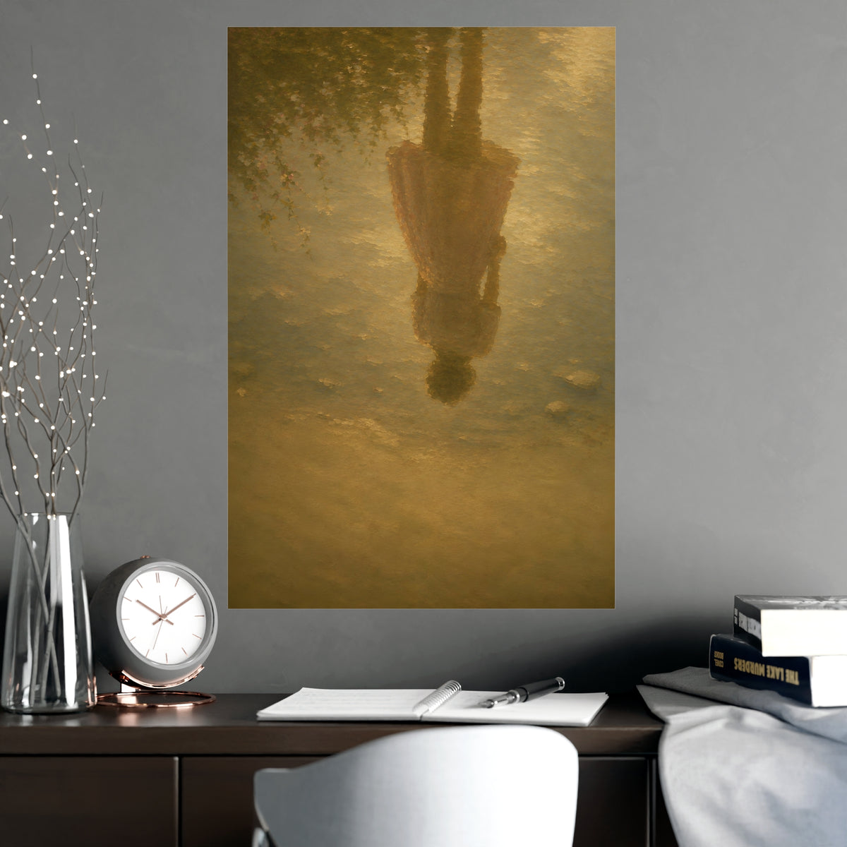Reflected in the Shallows — only a woman's reflection in still shallow water, the figure herself out of frame, shown framed o