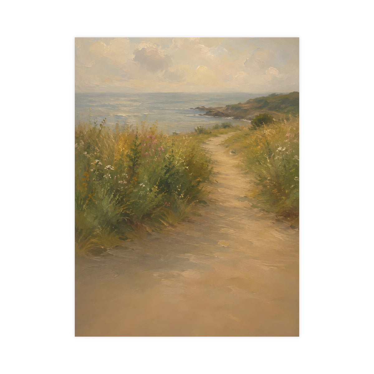 Coast Path — a sandy path through wild grasses and sea pinks with a calm sea beyond, 18x24 in print