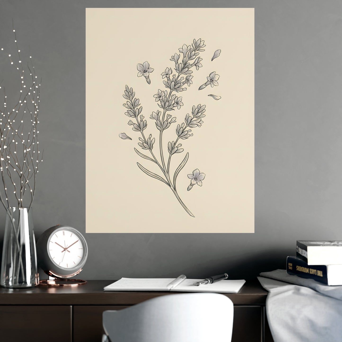 Lavender Sprig on a living room wall beside a tall vase, 18x24 in print