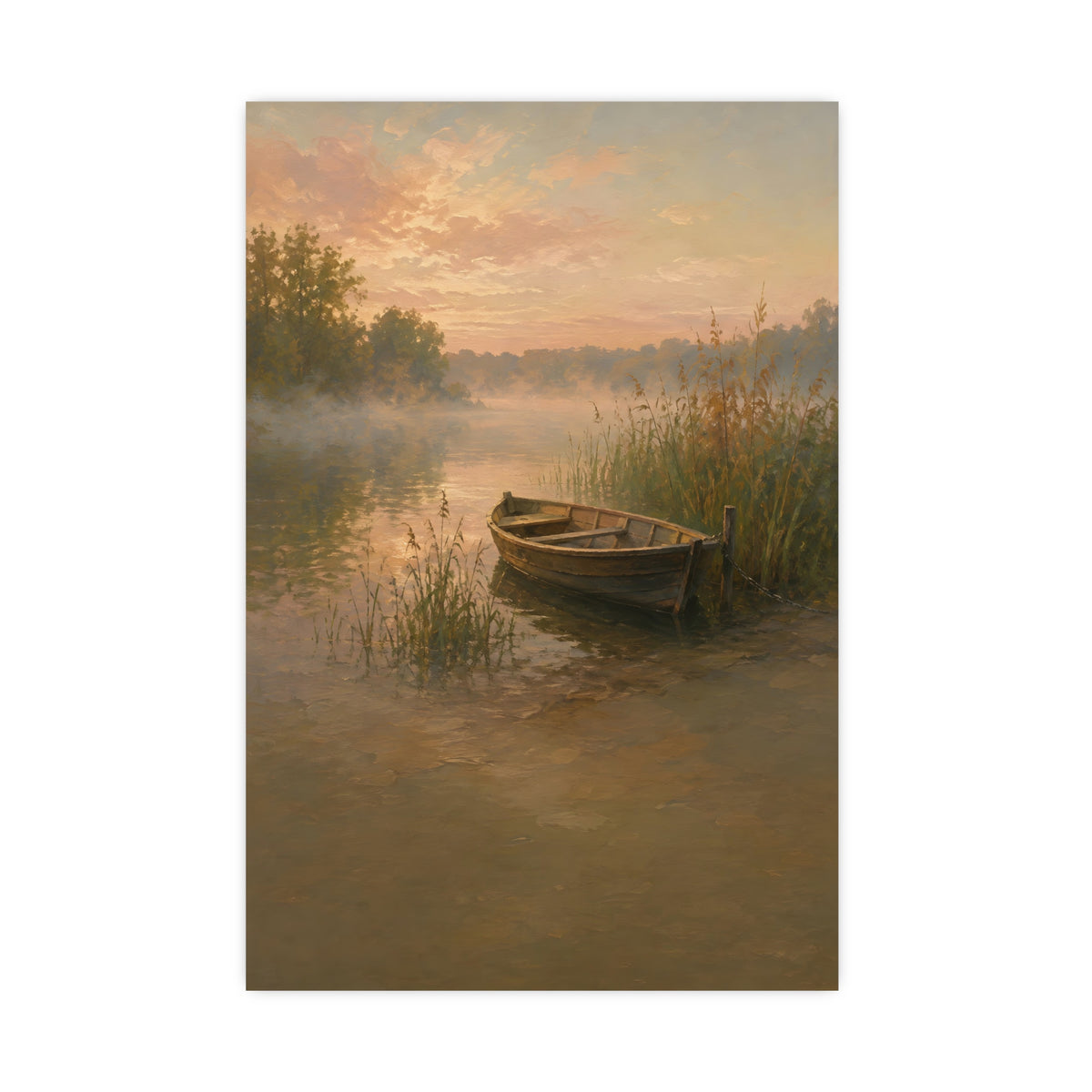 Rowboat at Dawn — a wooden rowboat moored among reeds as mist rises off the water, 16x24 in print