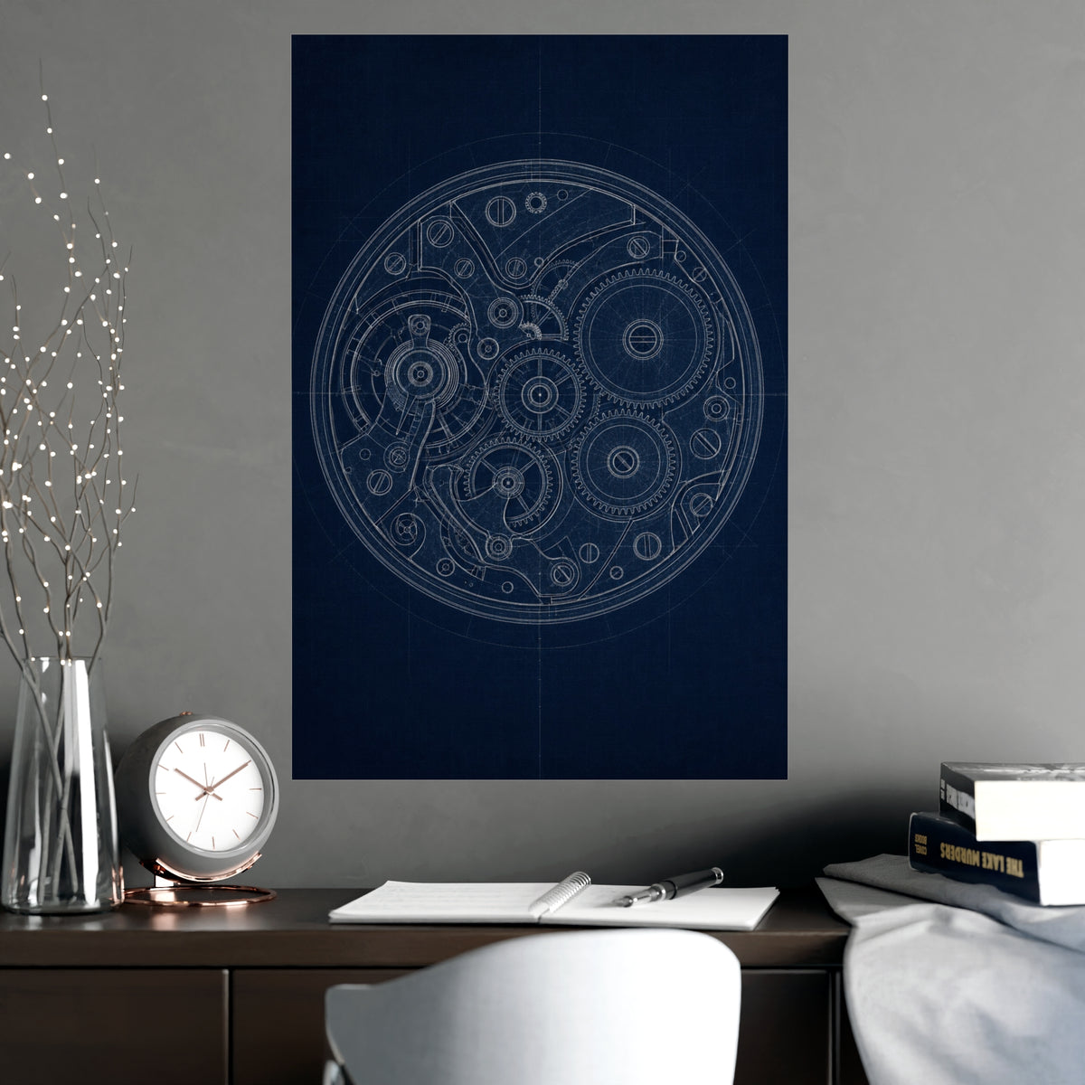 Watch Movement — watch movement, shown framed on a wall