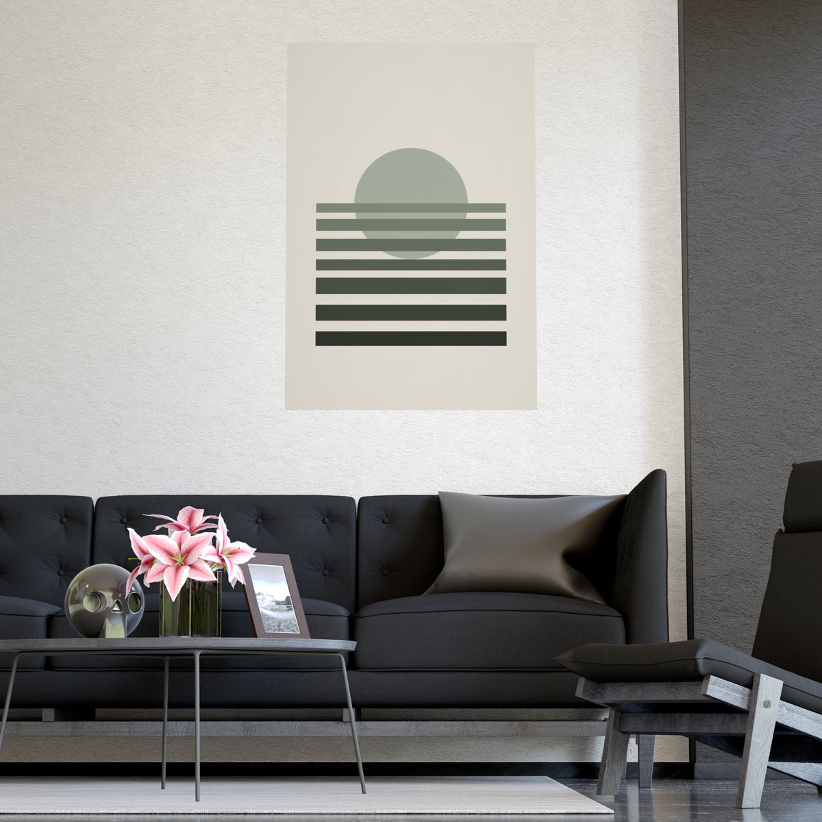 Sage Neutral Sunset Boho Wall Art — sunset in a sage neutral palette, shown framed on a wall