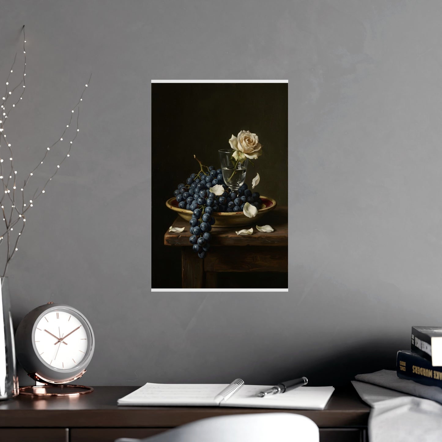 Grapes and a White Rose on a plain wall, shown at a larger size, 11x17 in print