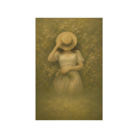 The Straw Hat — a woman lying in long grass seen from directly above, a straw hat laid over her face, 11x17 in print