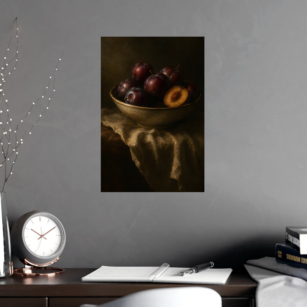 Bowl of Plums — bowl of plums, shown framed on a wall