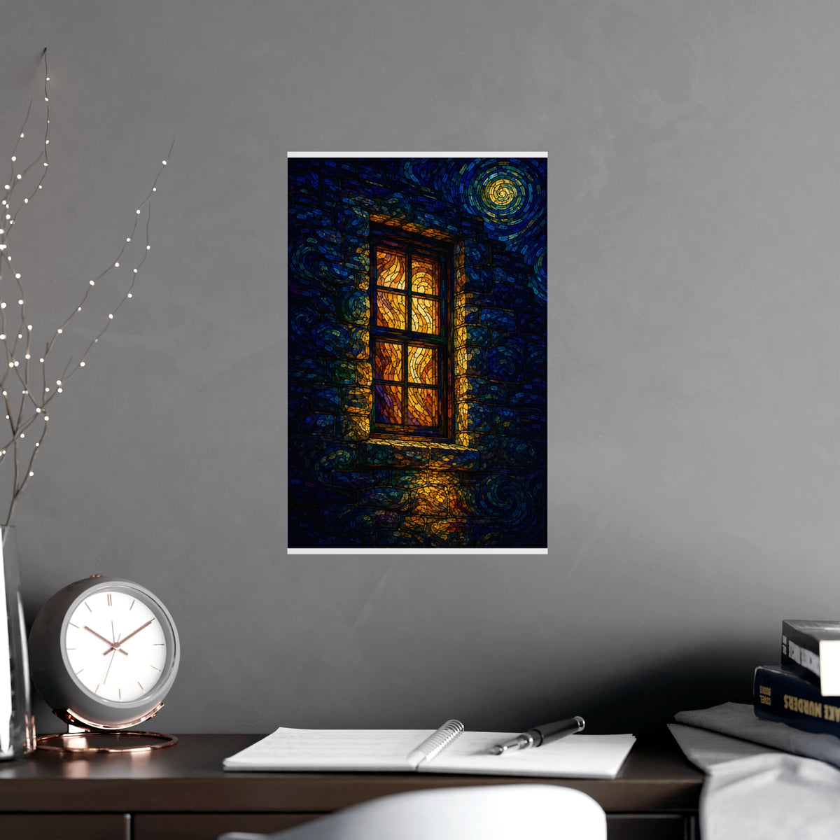 One Lit Window — one lit window, shown framed on a wall