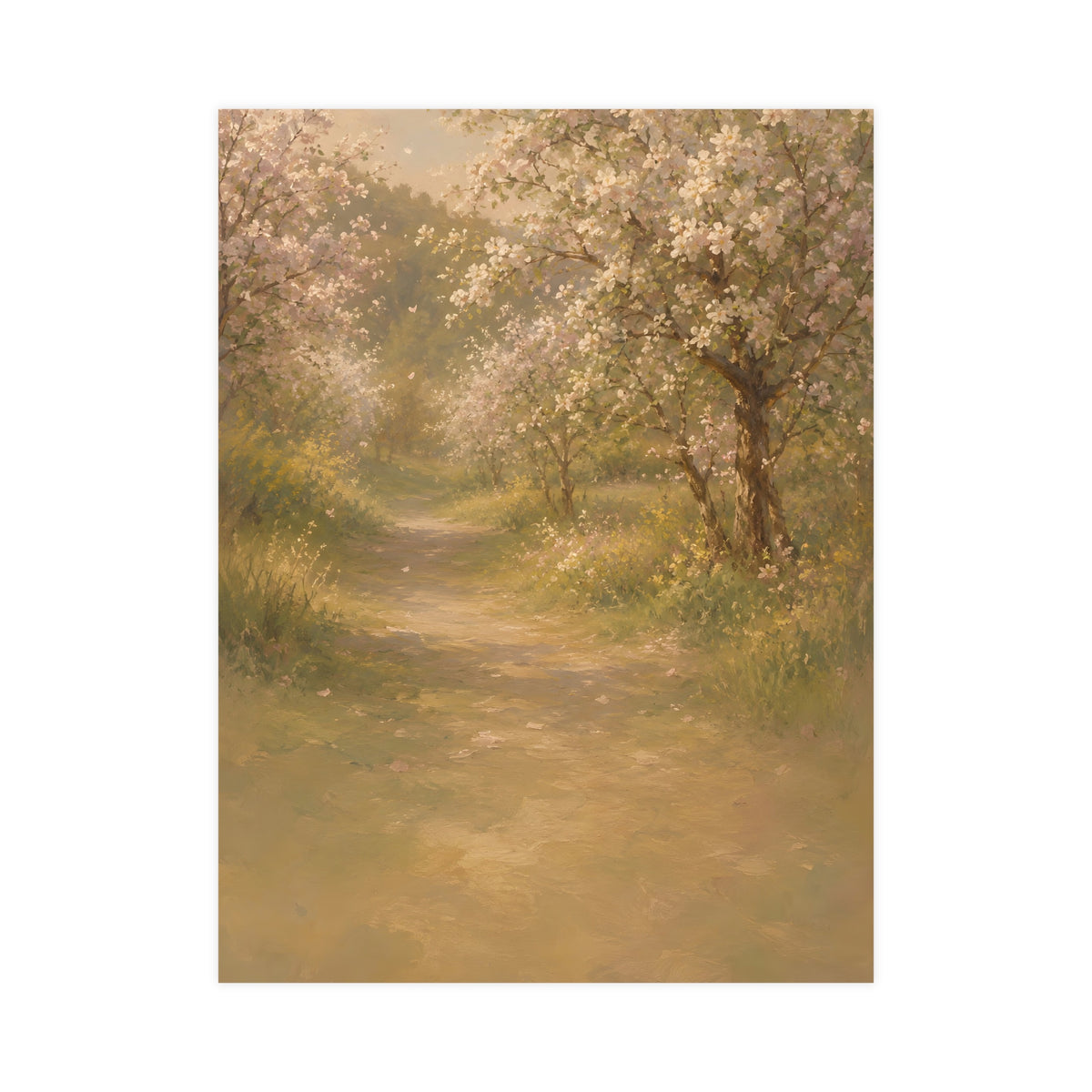 Orchard Path in Spring — a quiet orchard path with blossom drifting, 18x24 in print