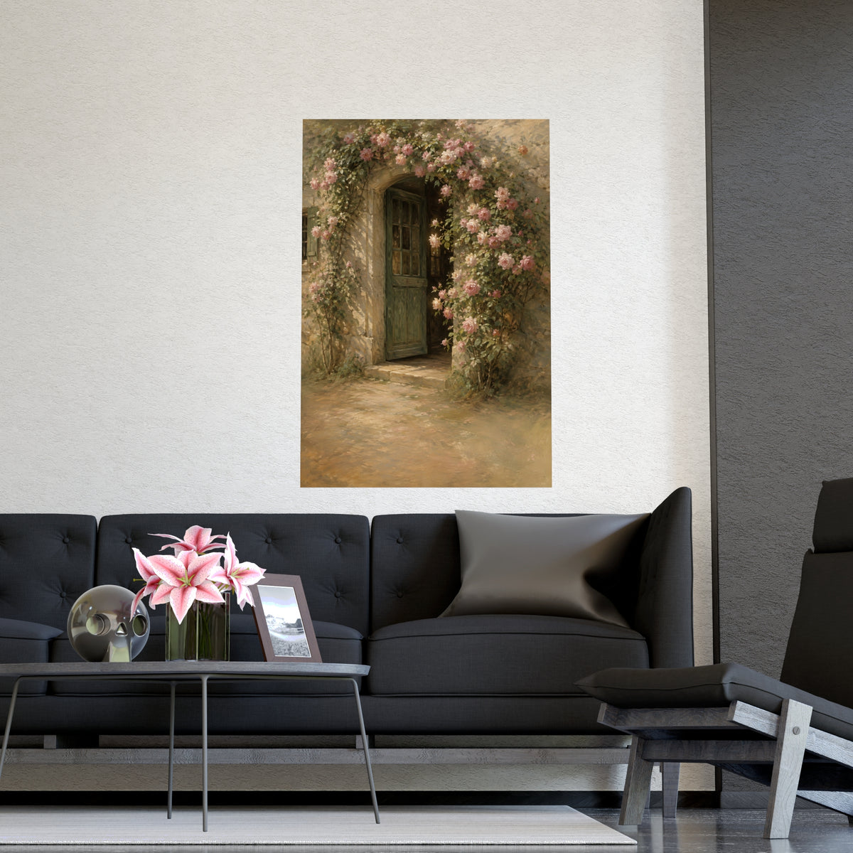 Rose Cottage Door — a stone cottage doorway framed by climbing roses in full bloom, shown framed on a wall