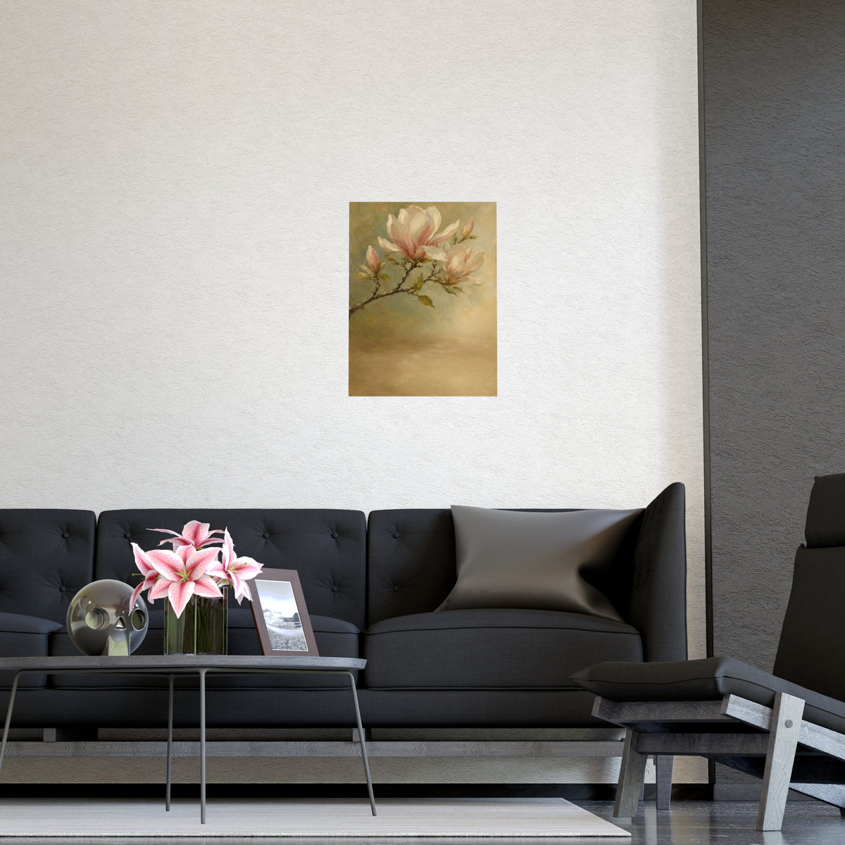Magnolia Branch — a single magnolia branch in bloom, shown framed on a wall