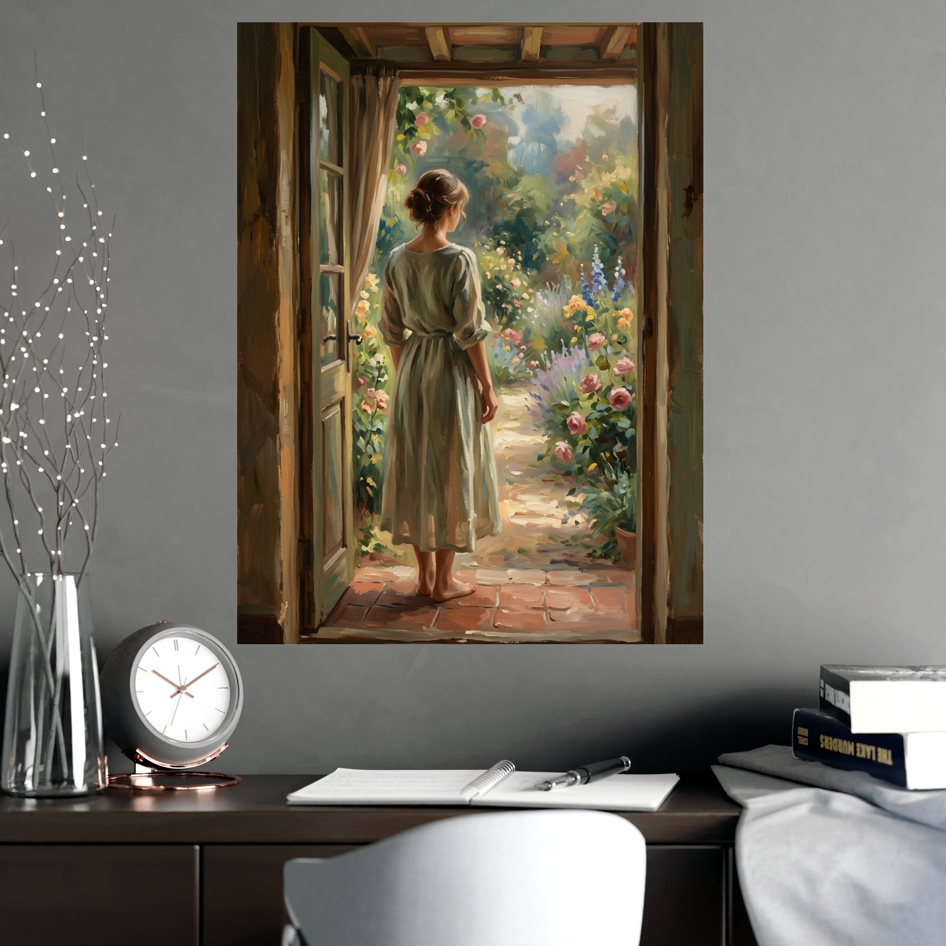 Doorway to the Garden framed on a cream wall in a living room, 18x24 in print