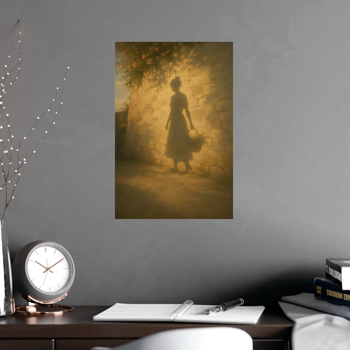 Her Shadow on the Wall — the long shadow of a woman carrying a basket, cast across a sunlit stone wall, shown framed on a wal