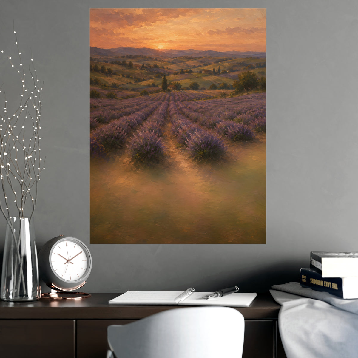 Lavender Fields at Dusk — lavender rows receding into soft hills at dusk, shown framed on a wall