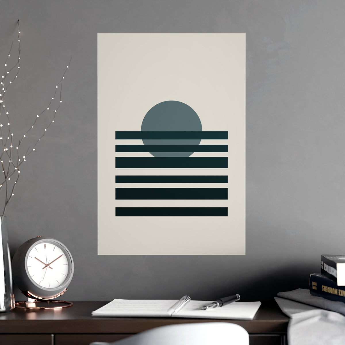 Deep Teal Sunset Landscape Wall Art — sunset landscape in a deep teal palette, shown framed on a wall
