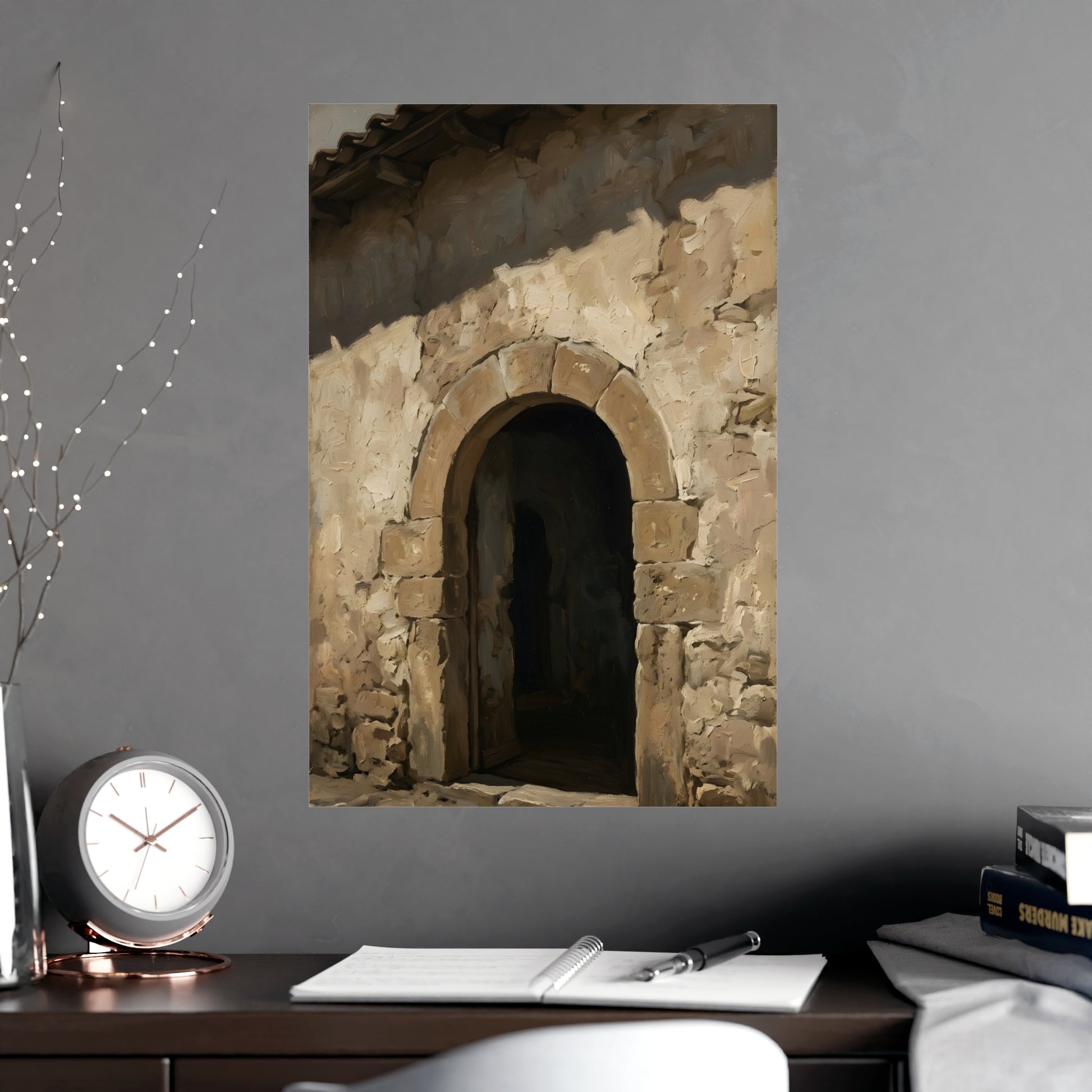Arched Doorway on a living room wall beside a tall vase, 16x24 in print