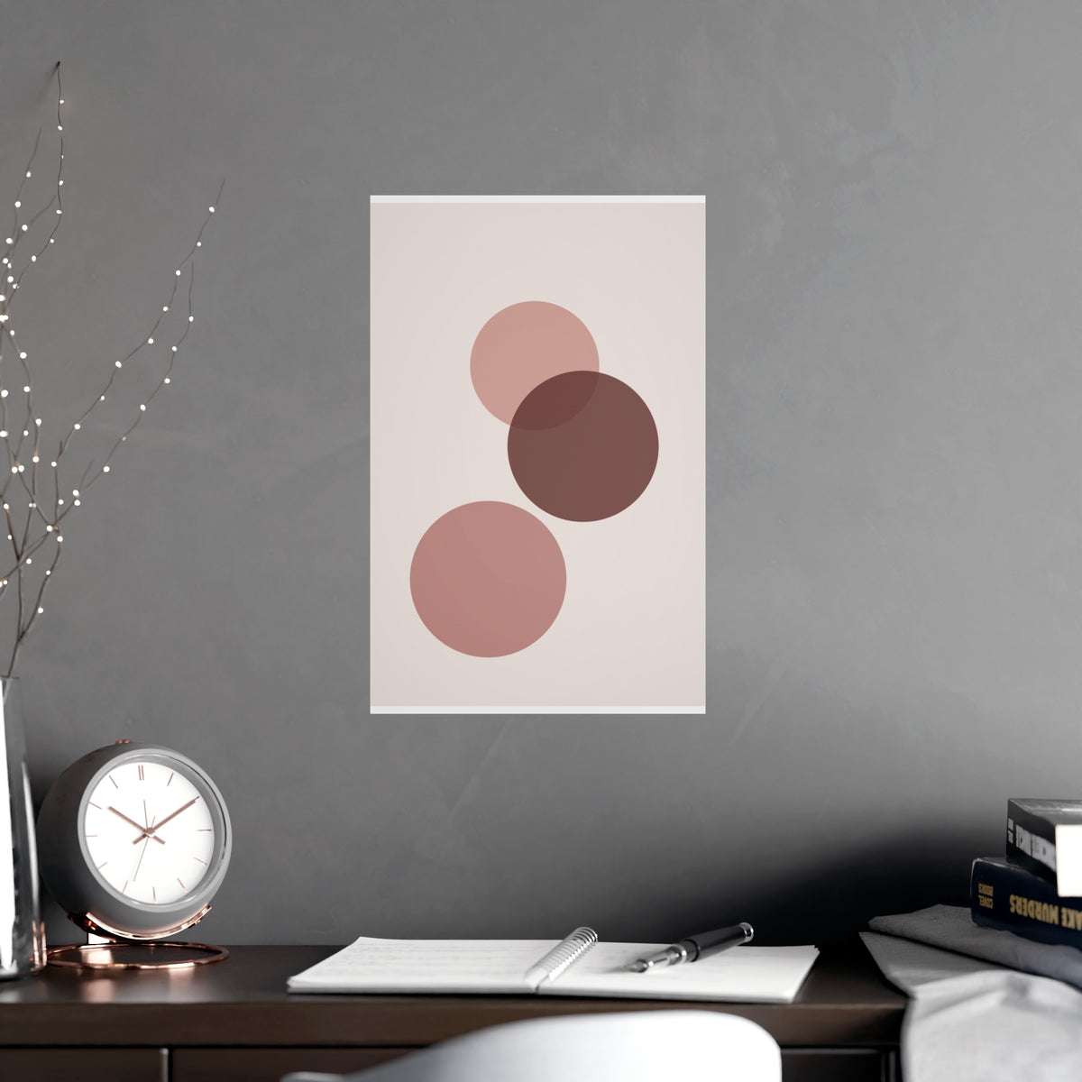 Dusty Rose Circles Modern Wall Art — circles in a dusty rose palette, shown framed on a wall