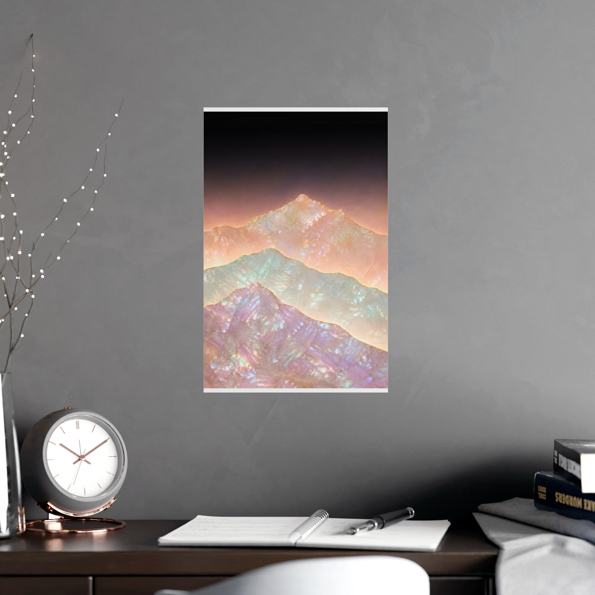Mountains, Far Off — mountains, far off, shown framed on a wall