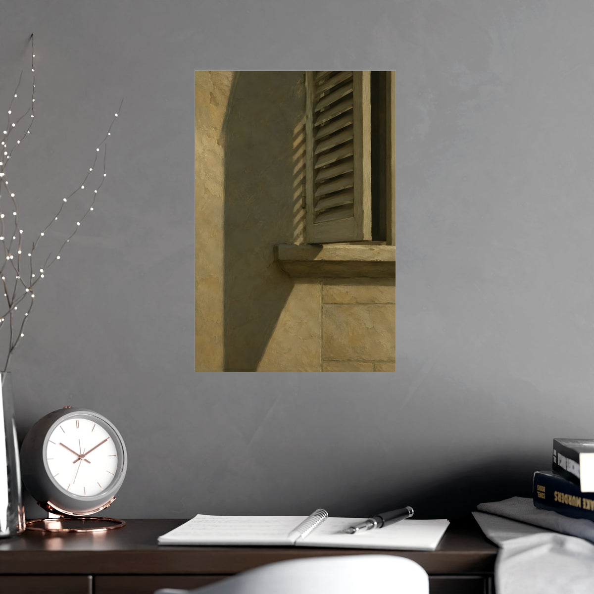 Shutters, Half Closed — shutters, half closed, shown framed on a wall