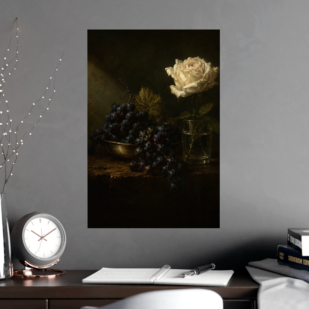 Grapes and a White Rose — grapes and a white rose, shown framed on a wall